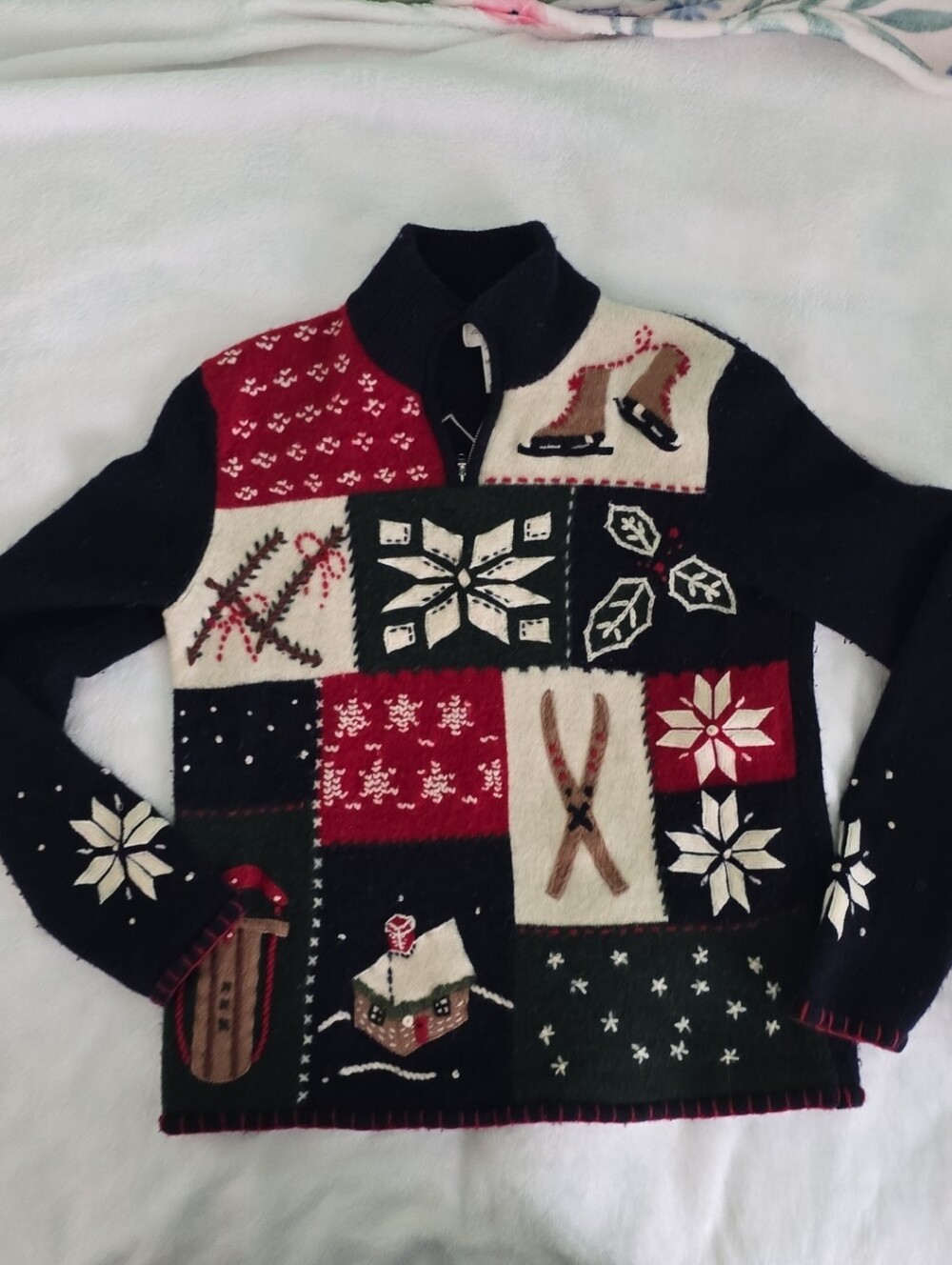Vintage Jones New York Patchwork Zip-Up Holiday Sweater